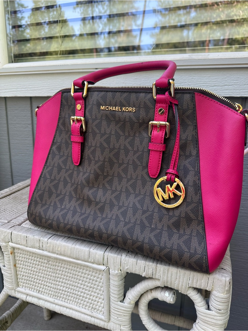 MICHAEL Michael Kors Ciara Medium size Pink and Brown Signature Satchel